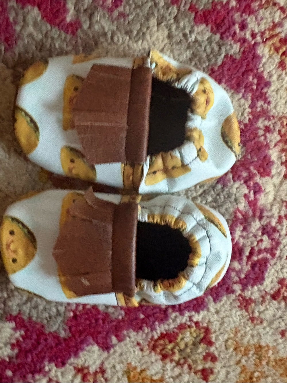 Baby Moccasins with Yellow Smiley Print and Brown Fringe